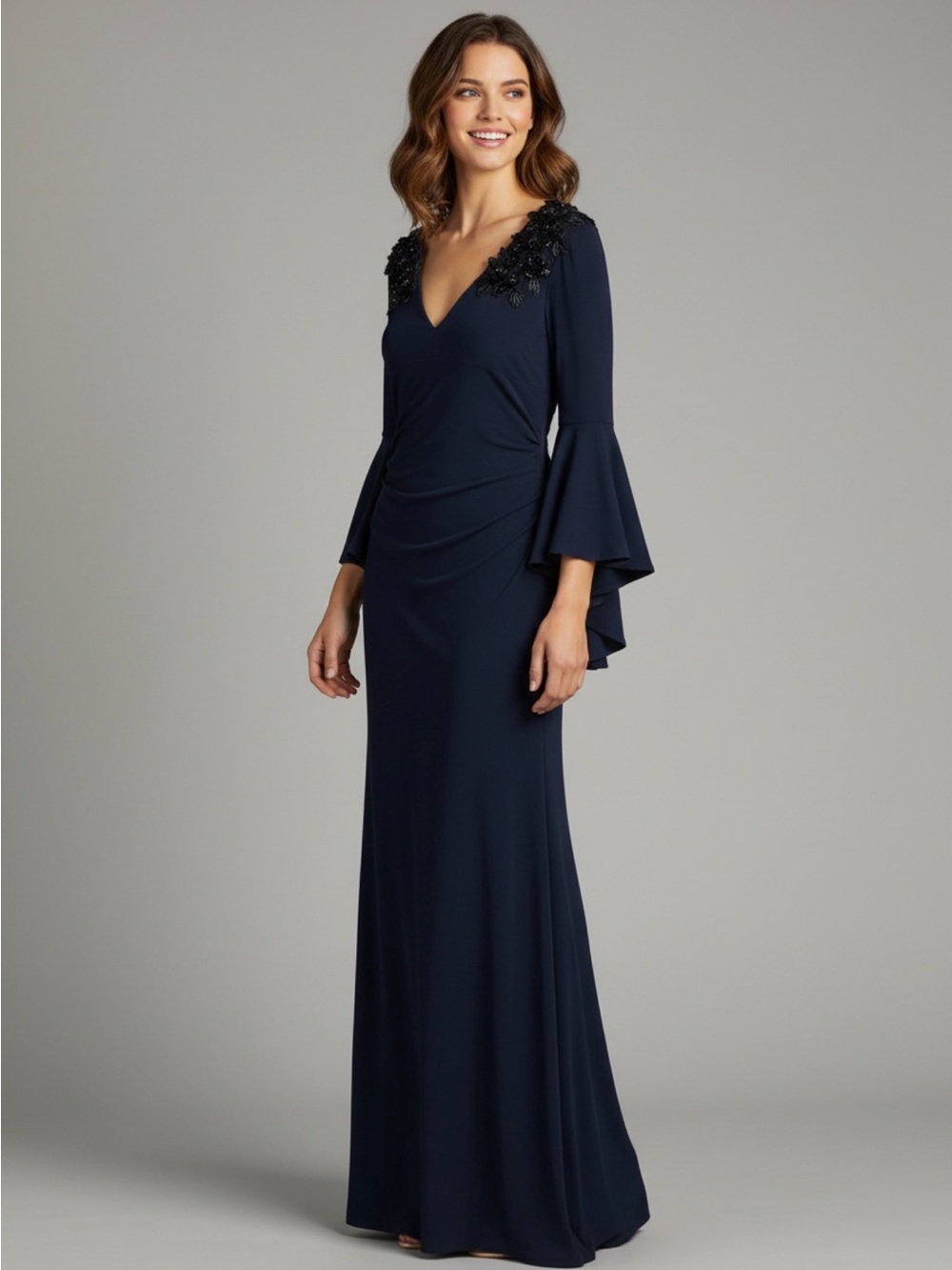 CK Navy Full Length Bell Sleeves Gown